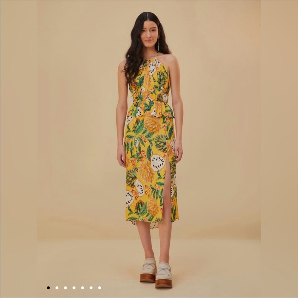FARM Rio Yellow Green Halter Sundress Midi